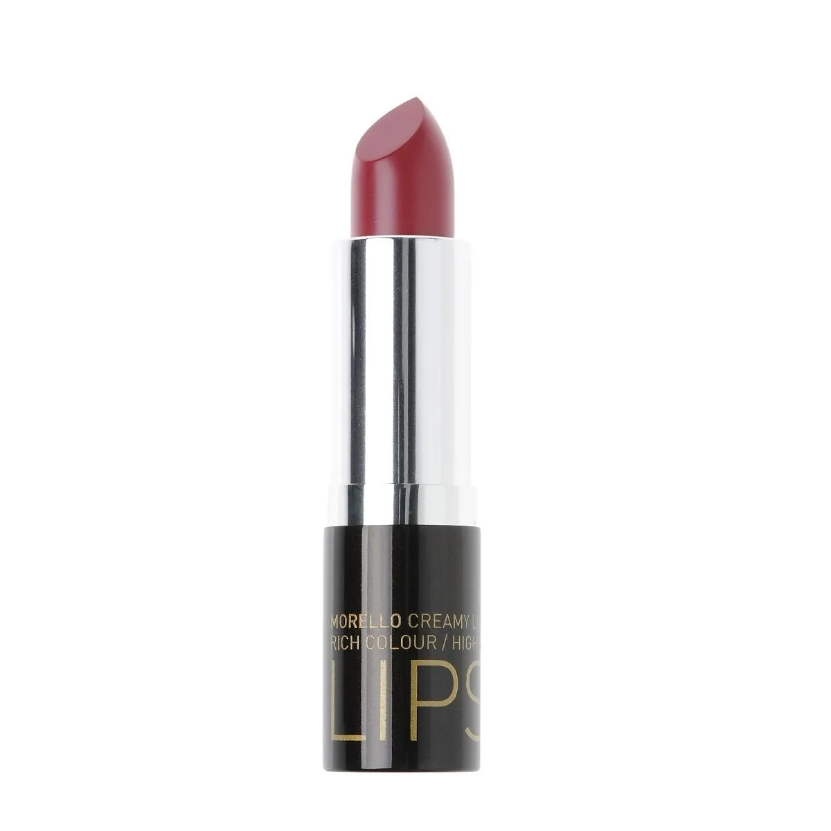 Roter Lippenstift in schwarzer Hülse mit silbernem Ring, auf weißem Hintergrund.