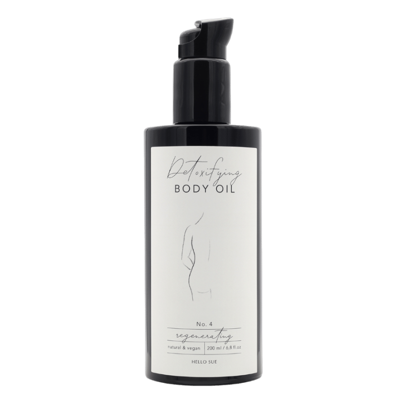HELLO SUE No. 4 Detoxifying Body Oil, 200 ml, schwarzer Pumpspender, weißes Etikett mit minimalistischer Zeichnung eines Rückens.