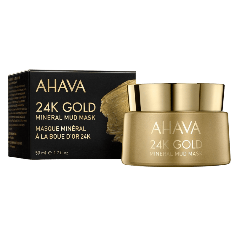 AHAVA 24K Gold Mineral Mud Mask, 50 ml, in goldener Verpackung mit schwarzem Karton.