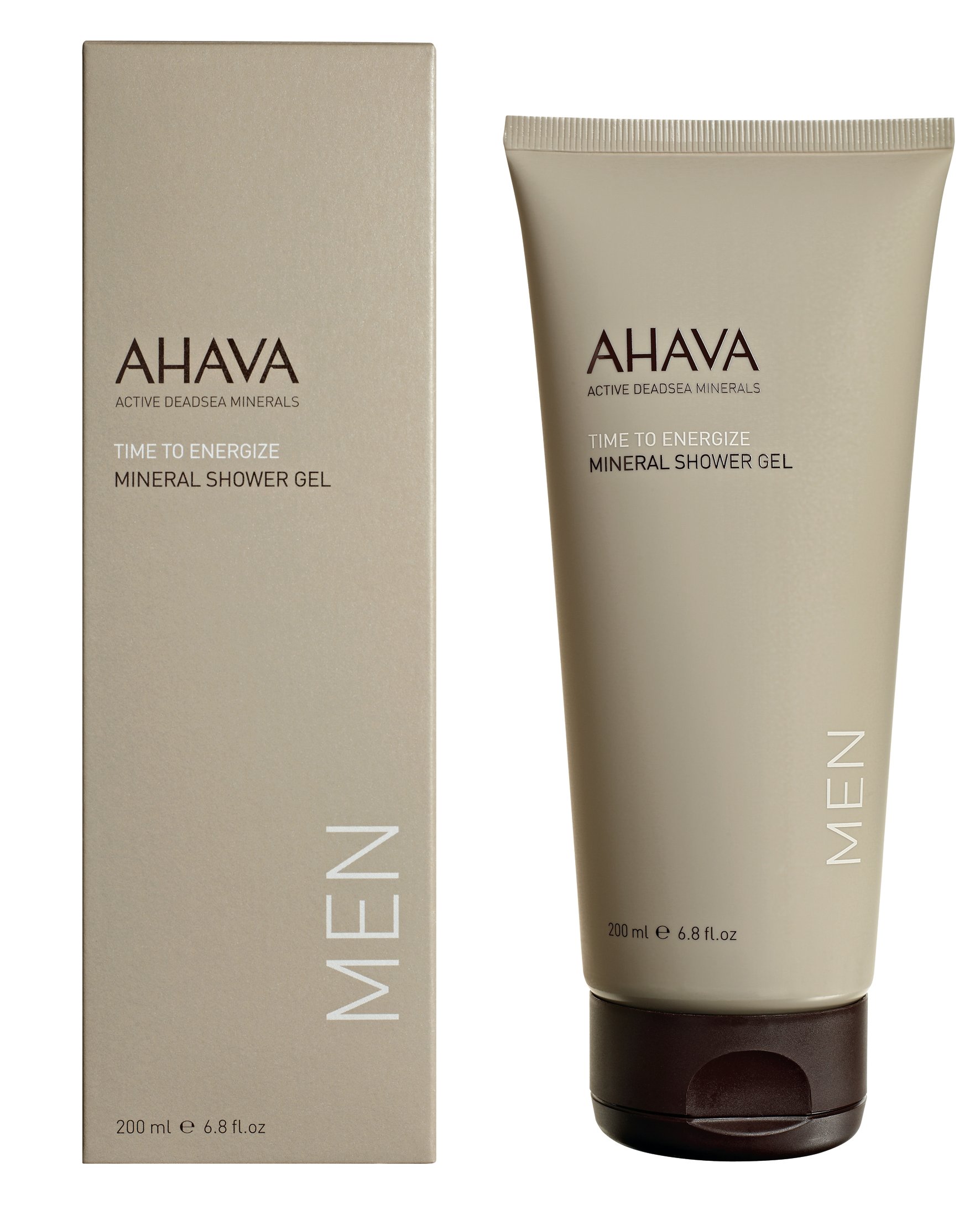 AHAVA Time to Energize Mineral Shower Gel für Männer, 200 ml Tube und Verpackung.