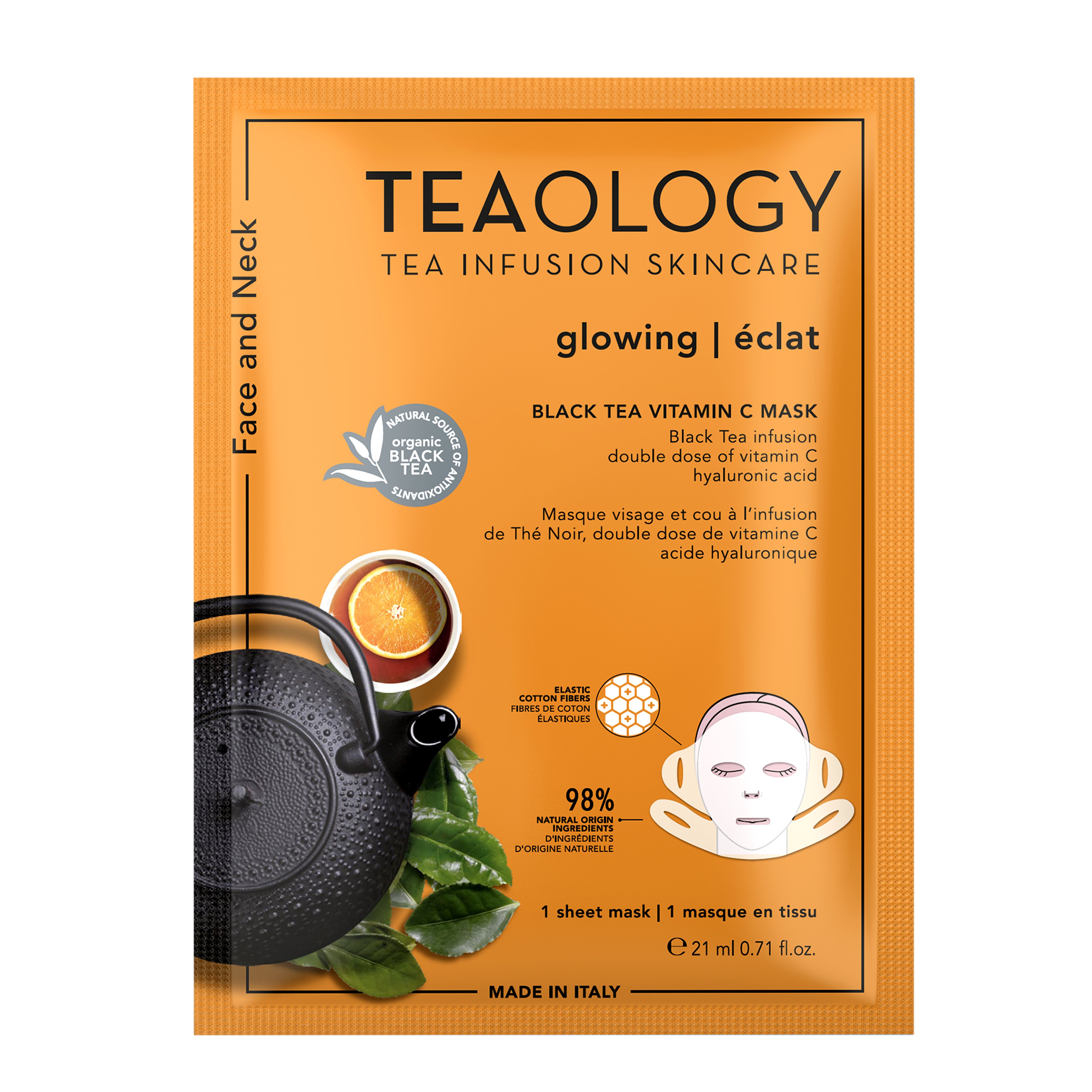 TEAOLOGY Black Tea Vitamin C Maske, 21 ml, für Gesicht und Hals, mit Teekanne und Teeblättern auf der Verpackung.