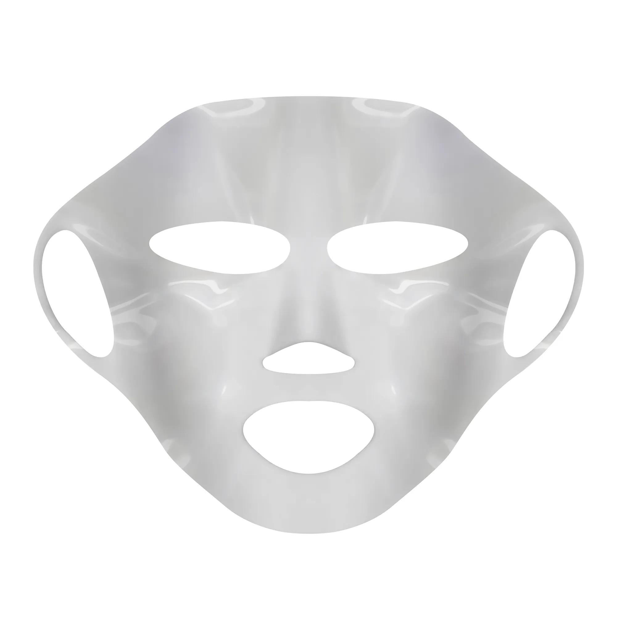 Weiße Gesichtsmaske mit Öffnungen für Augen, Nase und Mund, auf weißem Hintergrund.