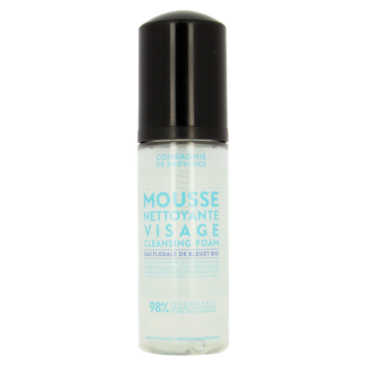 Flasche mit Mousse Nettoyante Visage Cleansing Foam von Compagnie de Provence, 98% natürliche Inhaltsstoffe, schwarzer Deckel.