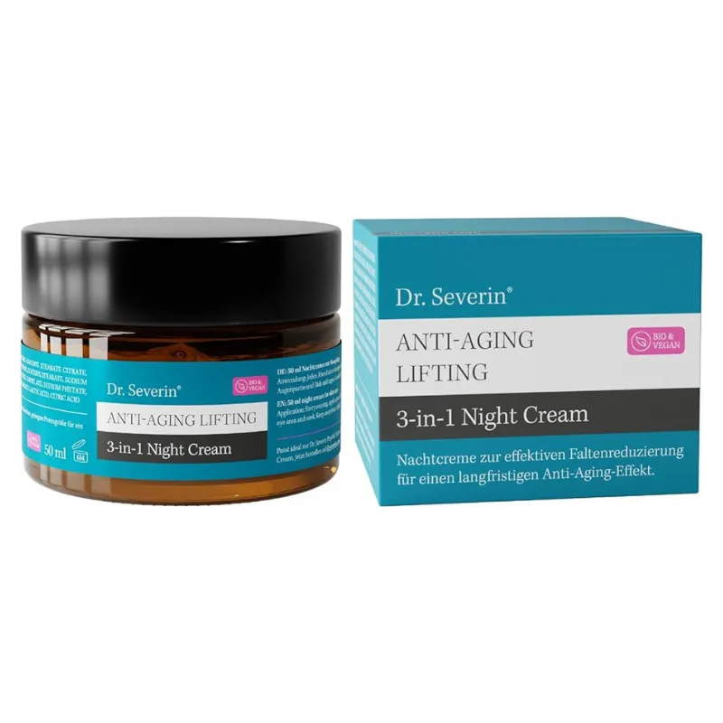 Dr. Severin Anti-Aging Lifting 3-in-1 Nachtcreme, 50 ml, Bio & Vegan, Verpackung und Tiegel, effektive Faltenreduzierung.