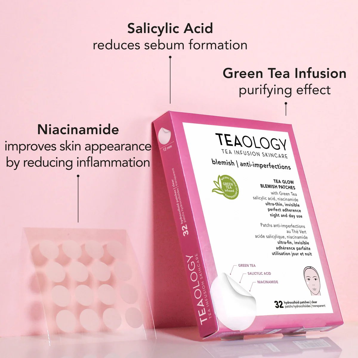 TEAOLOGY Blemish Patches mit Salicylsäure, Grüntee-Infusion und Niacinamid zur Reduzierung von Hautunreinheiten und Entzündungen.