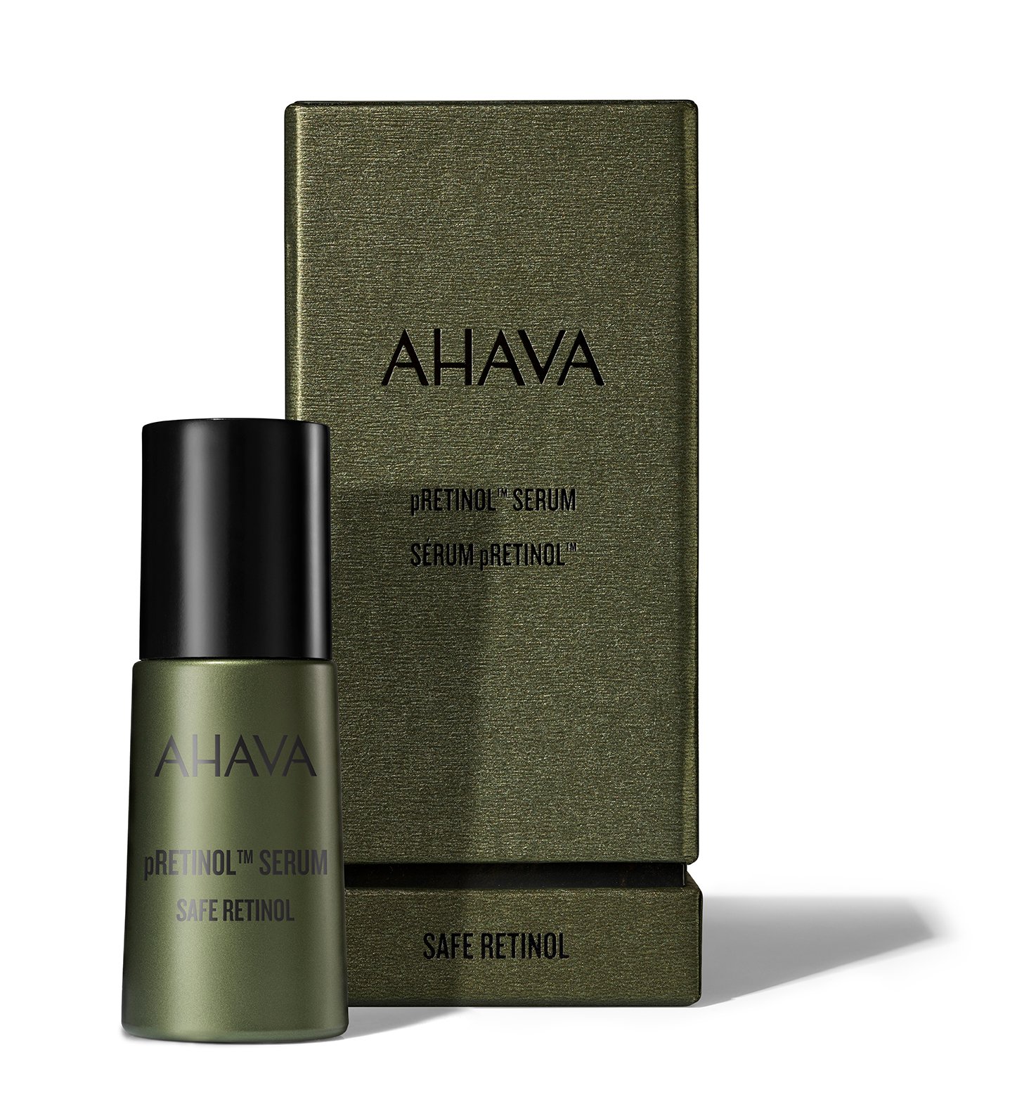 AHAVA pRetinol Serum vor Verpackung, grünes Design, Produktbild.