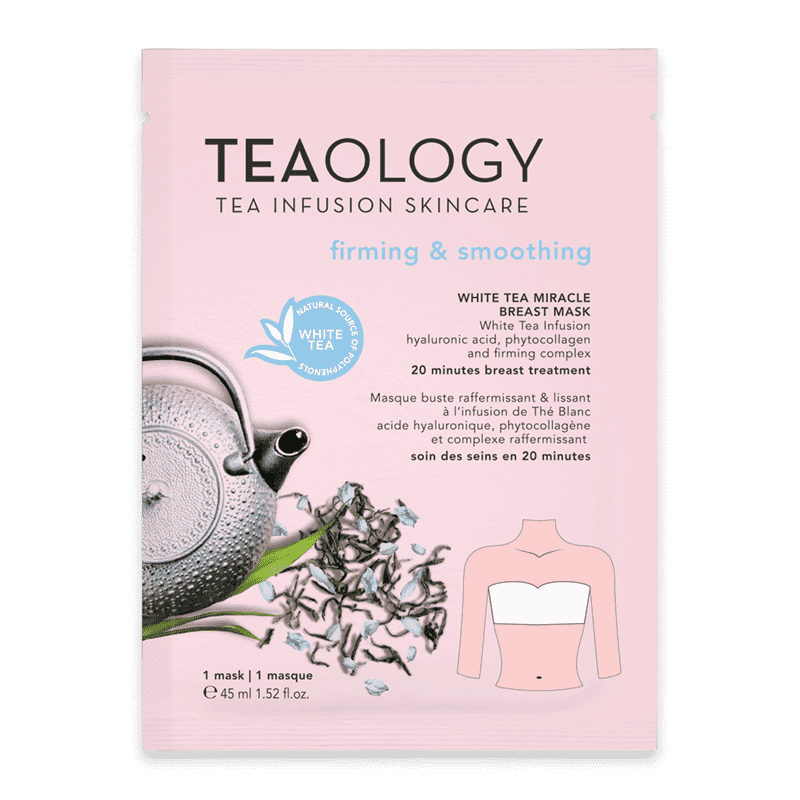 Teebeutel-Verpackung von Teaology White Tea Miracle Breast Mask, festigend und glättend, 45 ml.