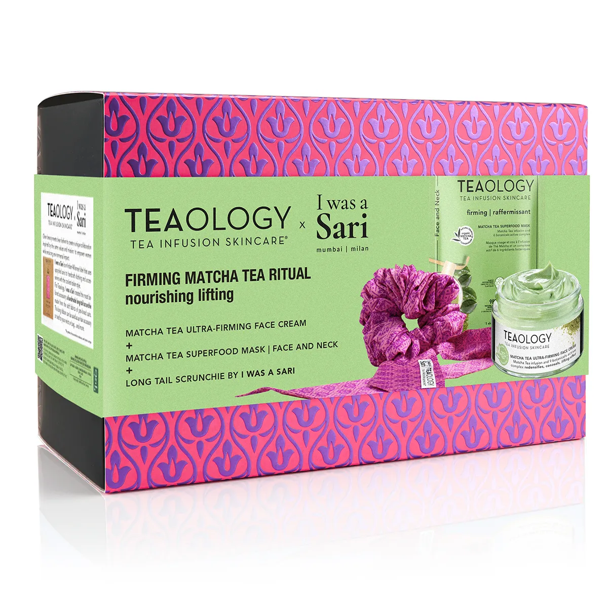 Teology Firming Matcha Tea Ritual Set mit Gesichtscreme, Superfood-Maske und Haargummi in einer dekorativen Verpackung.