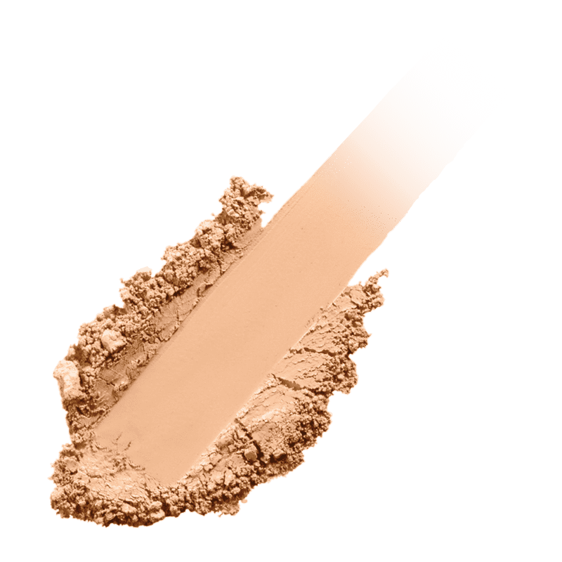 Nahaufnahme von beigem Puder-Make-up auf weißem Hintergrund.