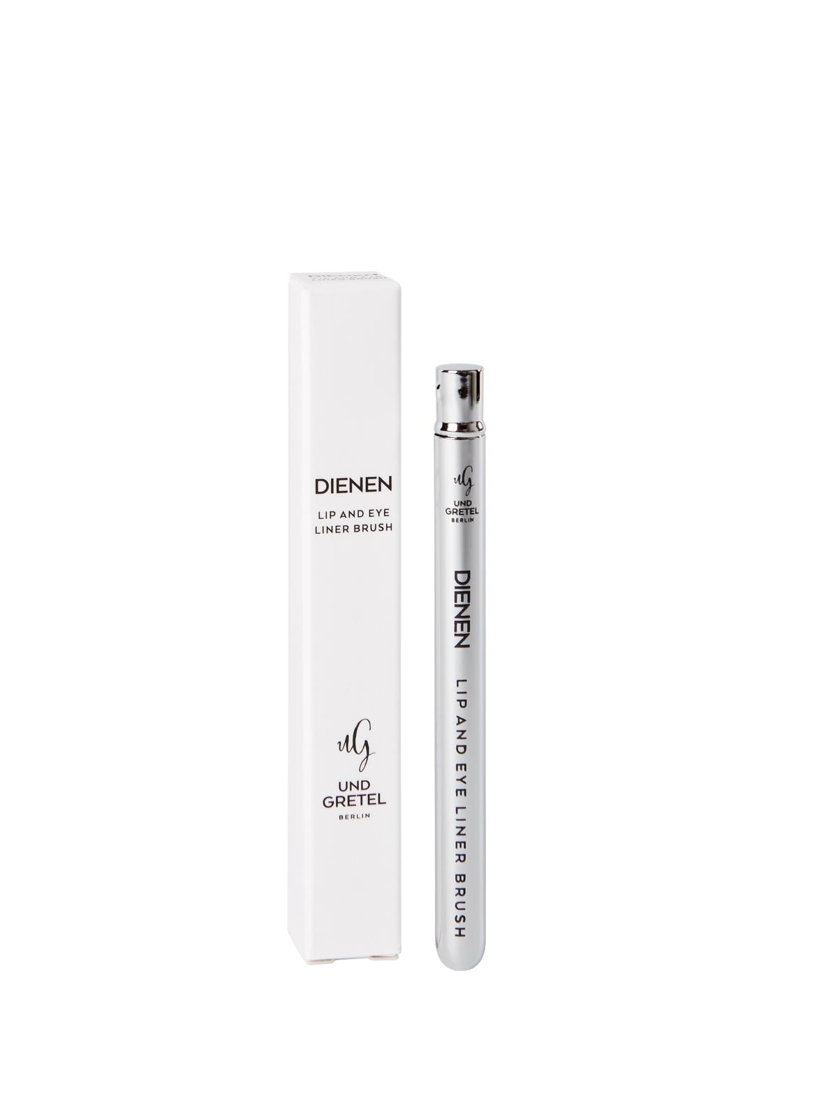 Dienen Lip and Eye Liner Brush von Und Gretel, silberner Stift mit weißer Verpackung.