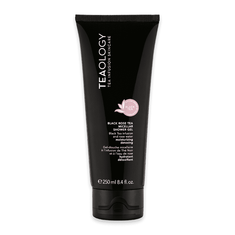 Schwarzes Duschgel mit Rosenblüten-Design, 250 ml Tube, Marke Teaology, Text: 'Black Rose Tea Micellar Shower Gel'.