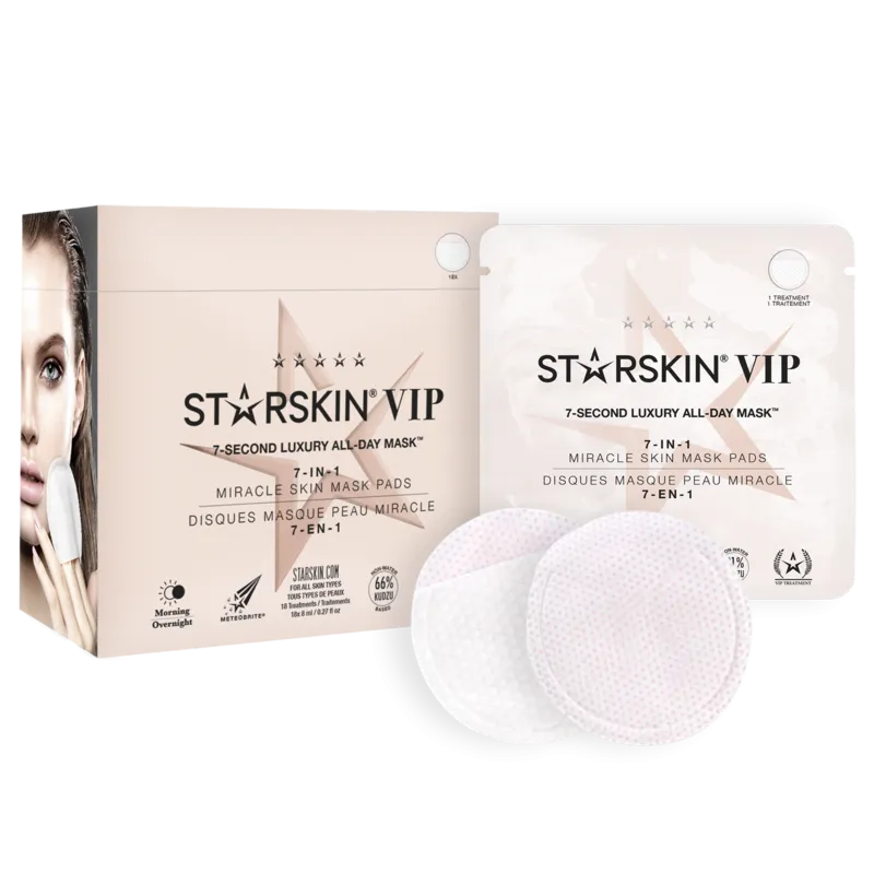 STARSKIN VIP 7-Second Luxury All-Day Mask, 18er Packung, Produktbild mit Verpackung und Maskenpads.