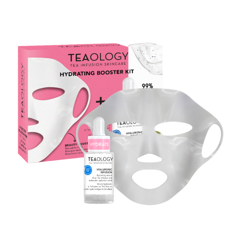 TEAOLOGY Hydrating Booster Kit mit Maske und Hyaluron-Serum vor rosa Verpackung.