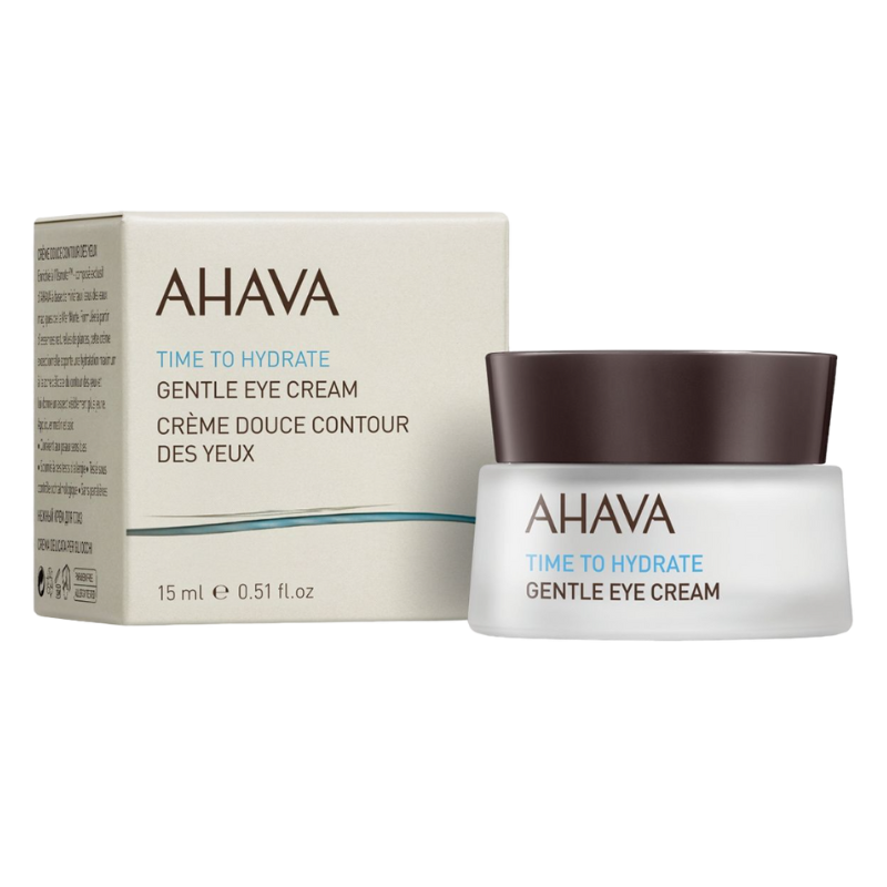 AHAVA Gentle Eye Cream, 15 ml, in weißem Tiegel mit braunem Deckel, neben der Produktverpackung.