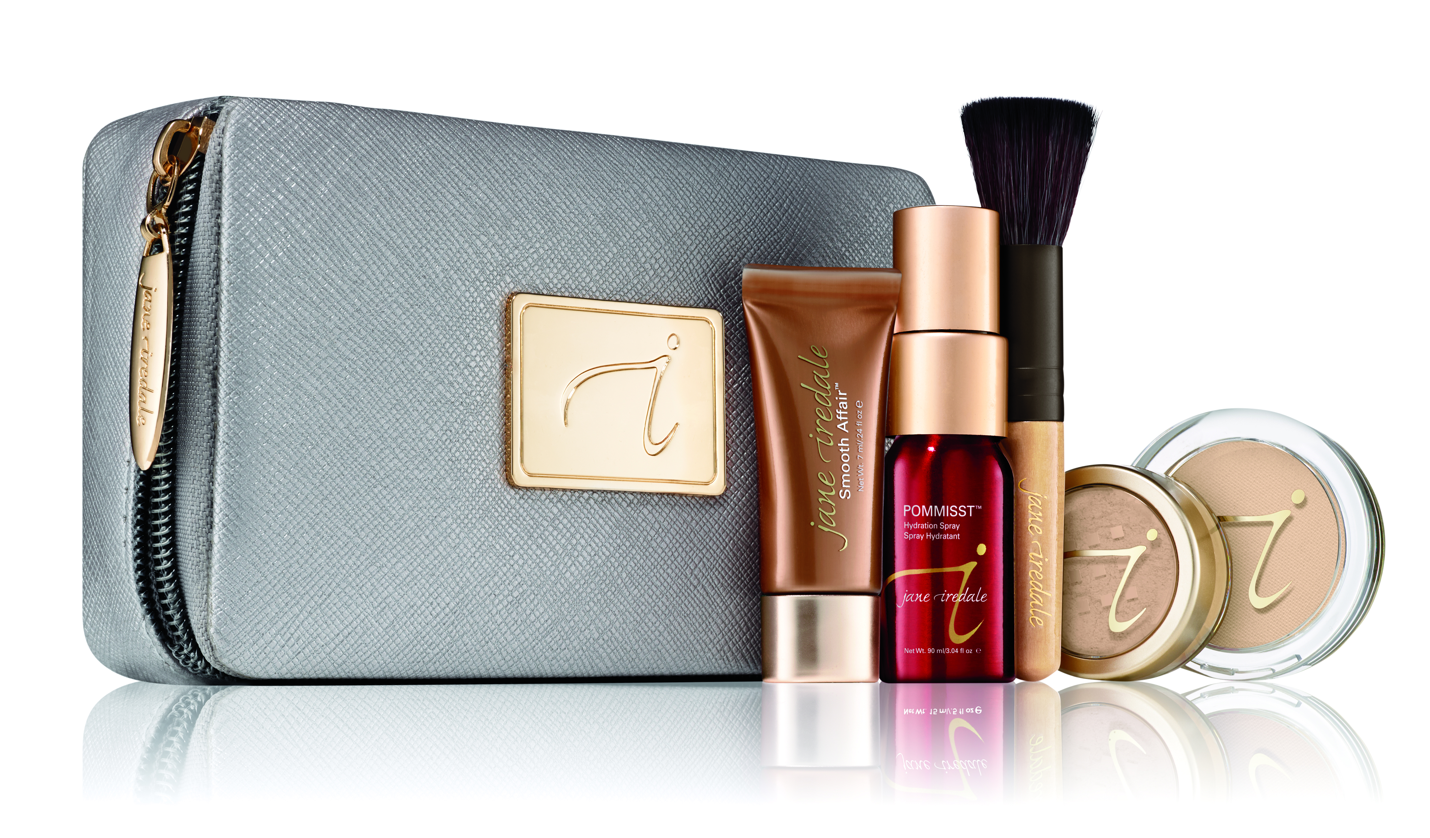 Jane Iredale Starter Kit Light: Kosmetiktasche mit Foundation, Puder, Pinsel und Spray.