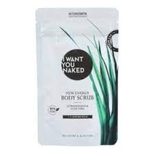 Verpackung von 'I Want You Naked' New Energy Body Scrub mit Aloe Vera und Bambus.