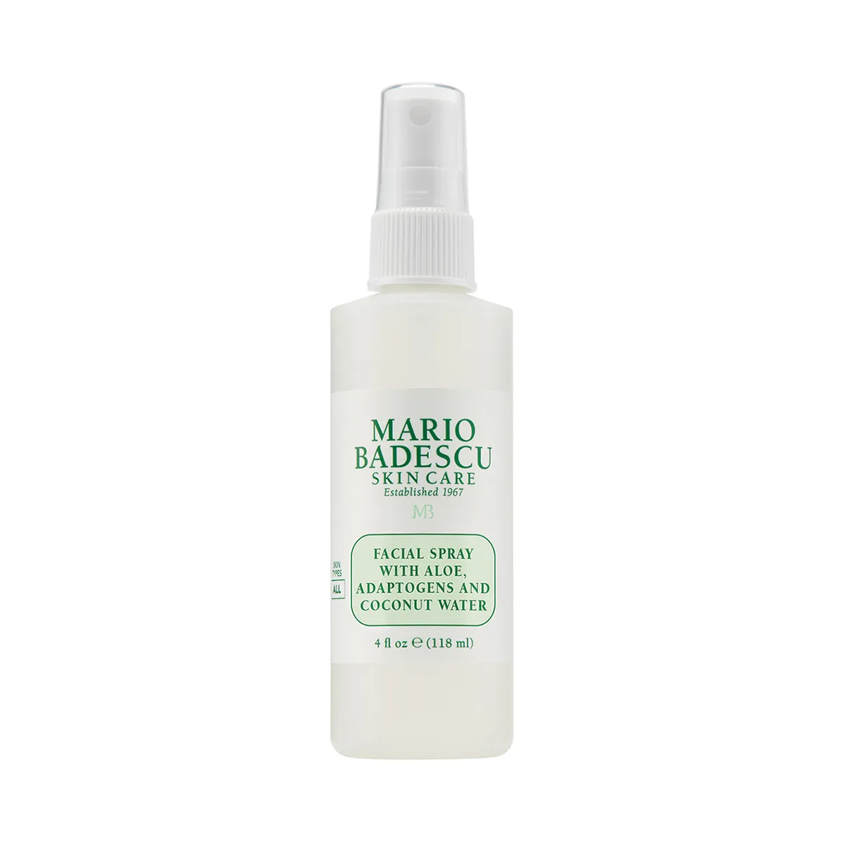Mario Badescu Gesichtsspray mit Aloe, Adaptogenen und Kokoswasser, 118 ml Flasche.