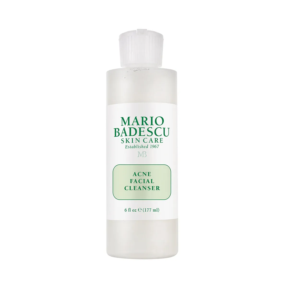 Flasche Mario Badescu Acne Facial Cleanser, 177 ml, auf weißem Hintergrund.