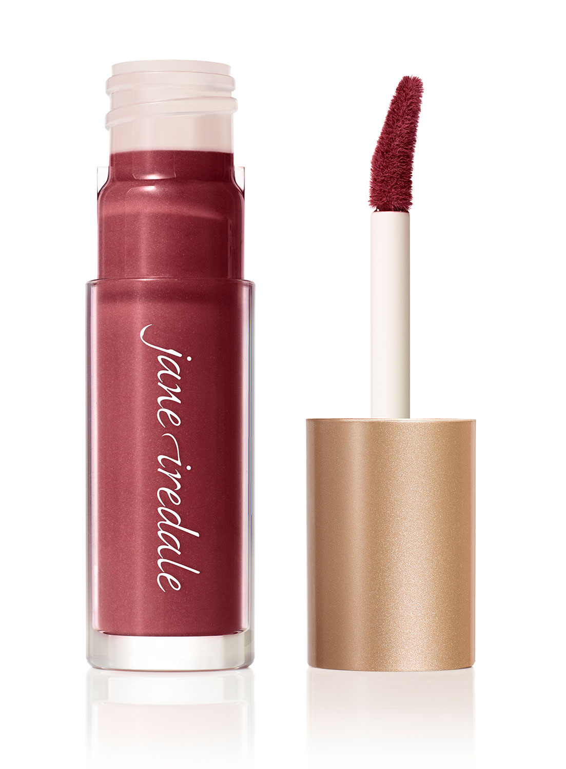 Jane Iredale Lip Stain in Brazen, geöffnete Verpackung mit Applikator, dunkelrote Farbe.