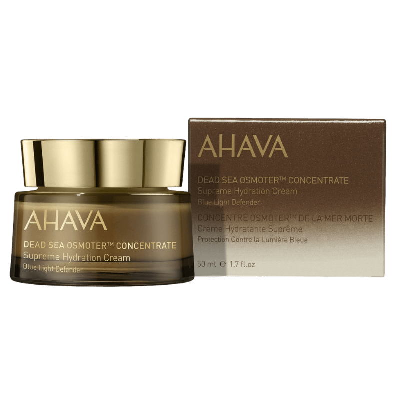 AHAVA Dead Sea Osmoter Supreme Hydration Cream, 50 ml, in goldener Verpackung neben der Produktbox.