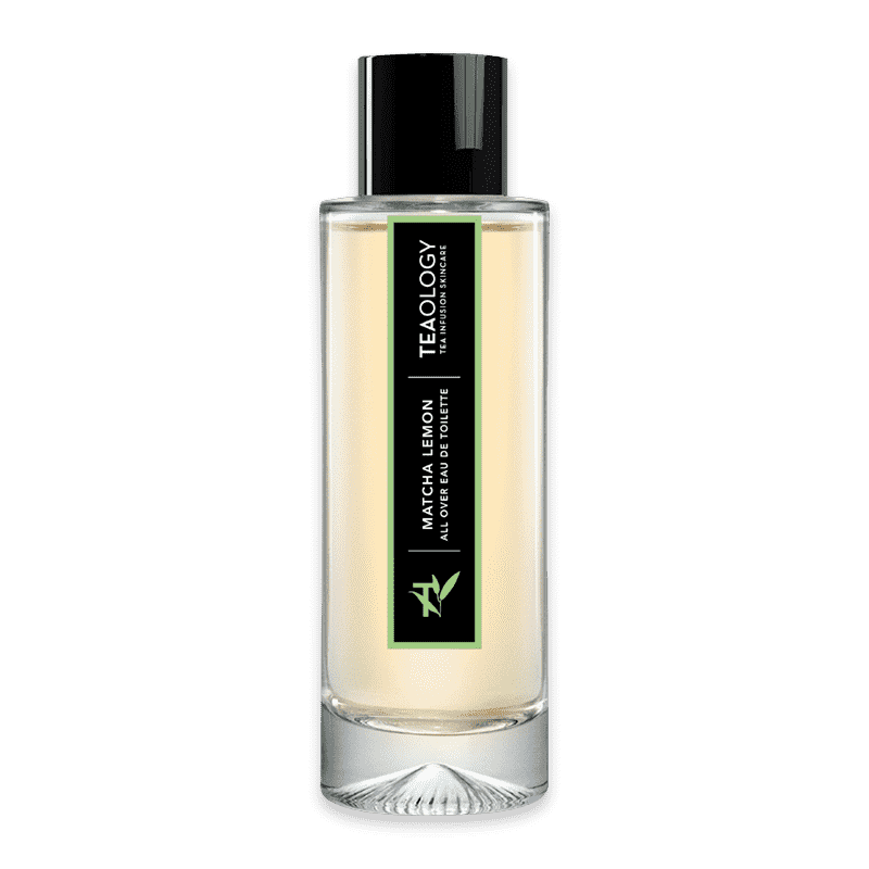 Flasche mit Matcha Lemon Eau de Toilette von Teaology, transparent mit schwarzem Deckel und grünem Etikett.