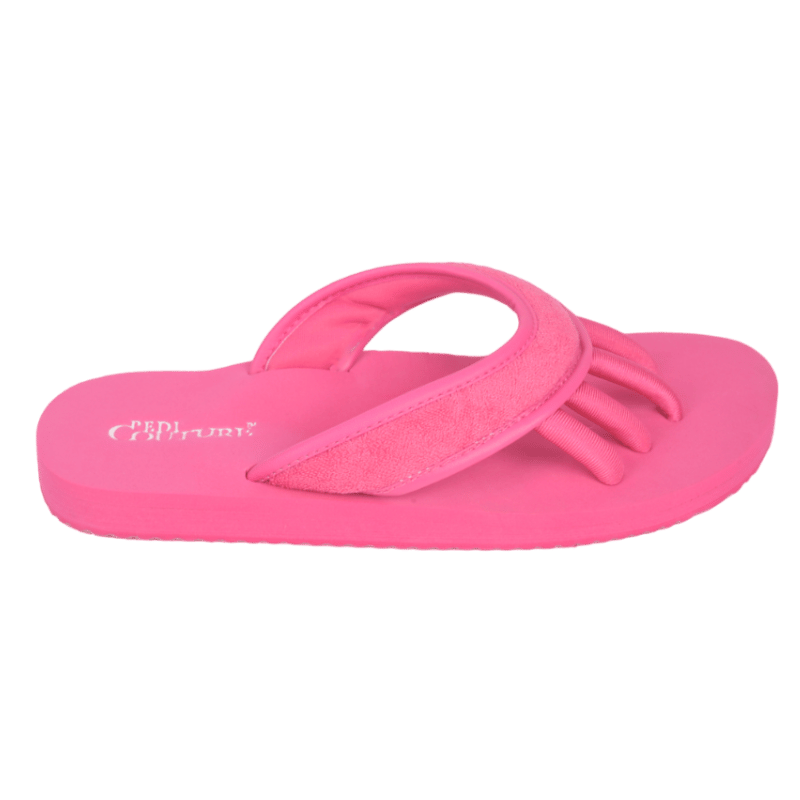 Rosa Pediküre-Sandale mit Zehentrenner und weichem Frottee-Material.