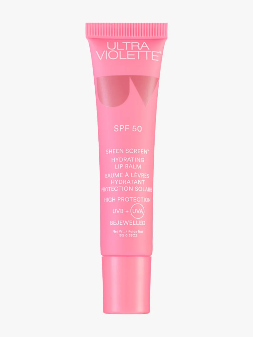 Rosa Lippenbalsam-Tube von Ultra Violette mit SPF 50 und der Aufschrift 'Sheen Screen Hydrating Lip Balm'.