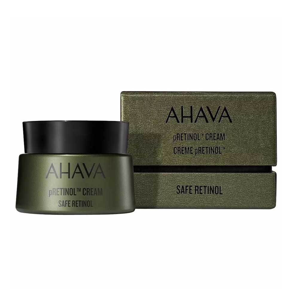 AHAVA pRetinol Creme und Verpackung, grün und schwarz, Safe Retinol.