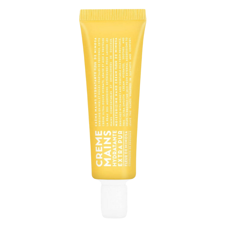 Gelbe Handcreme-Tube mit weißem Verschluss, 30 ml, Mimose-Duft.