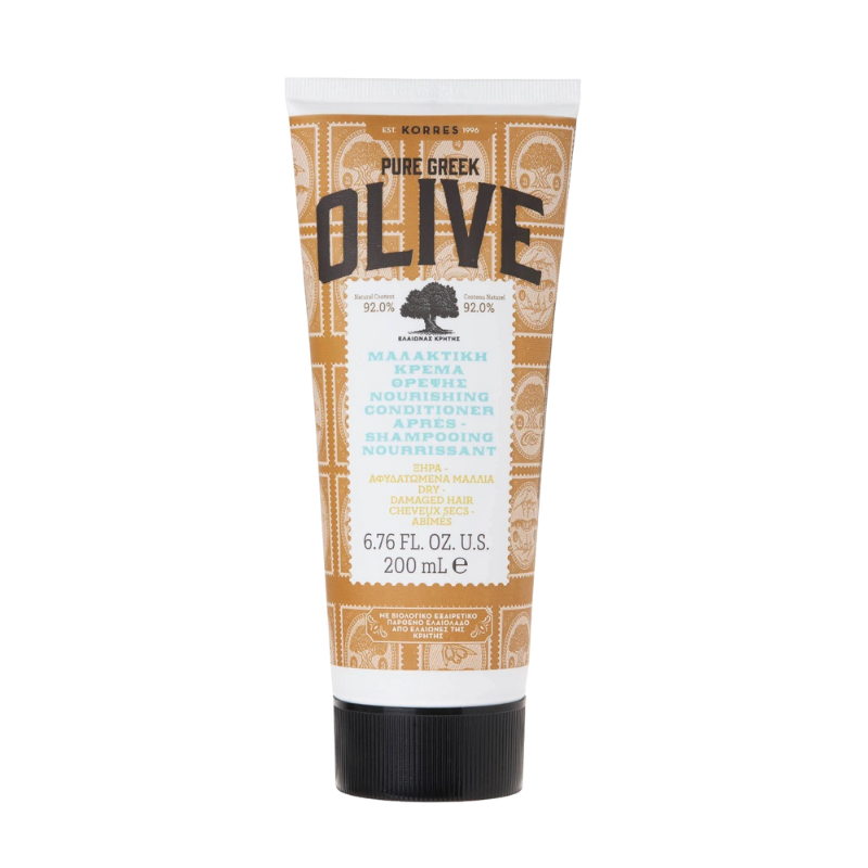 KORRES Pure Greek Olive nährender Conditioner, 200 ml Tube, weiße und goldene Verpackung.