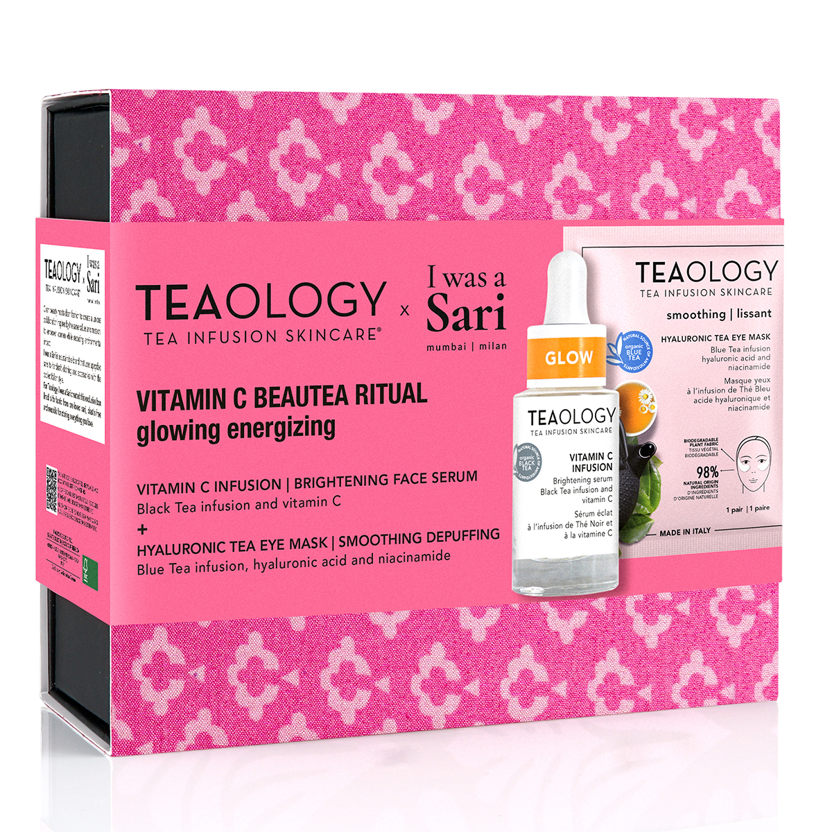 Teebox mit Vitamin C Beauty Ritual Set, bestehend aus Serum und Maske, auf rosa Hintergrund.