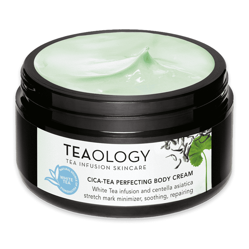 Schwarze Dose mit Cica-Tea Perfecting Body Cream von Teaology, grüne Creme, weiße Teeinfußung und Centella Asiatica.