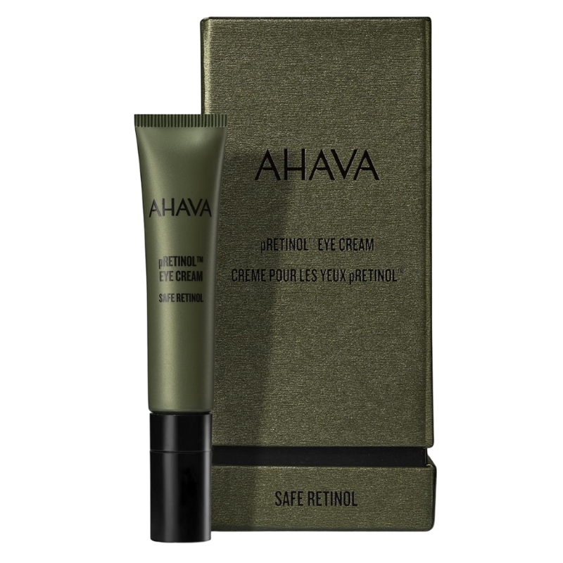 AHAVA pRetinol Augencreme in grünem Behälter neben passender Verpackung.
