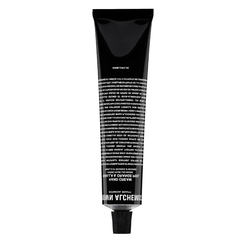 Schwarze Tube Grown Alchemist Handcreme Vanille-Orangenschale 20ml, Vorderansicht, weiße Schrift auf der Tube.