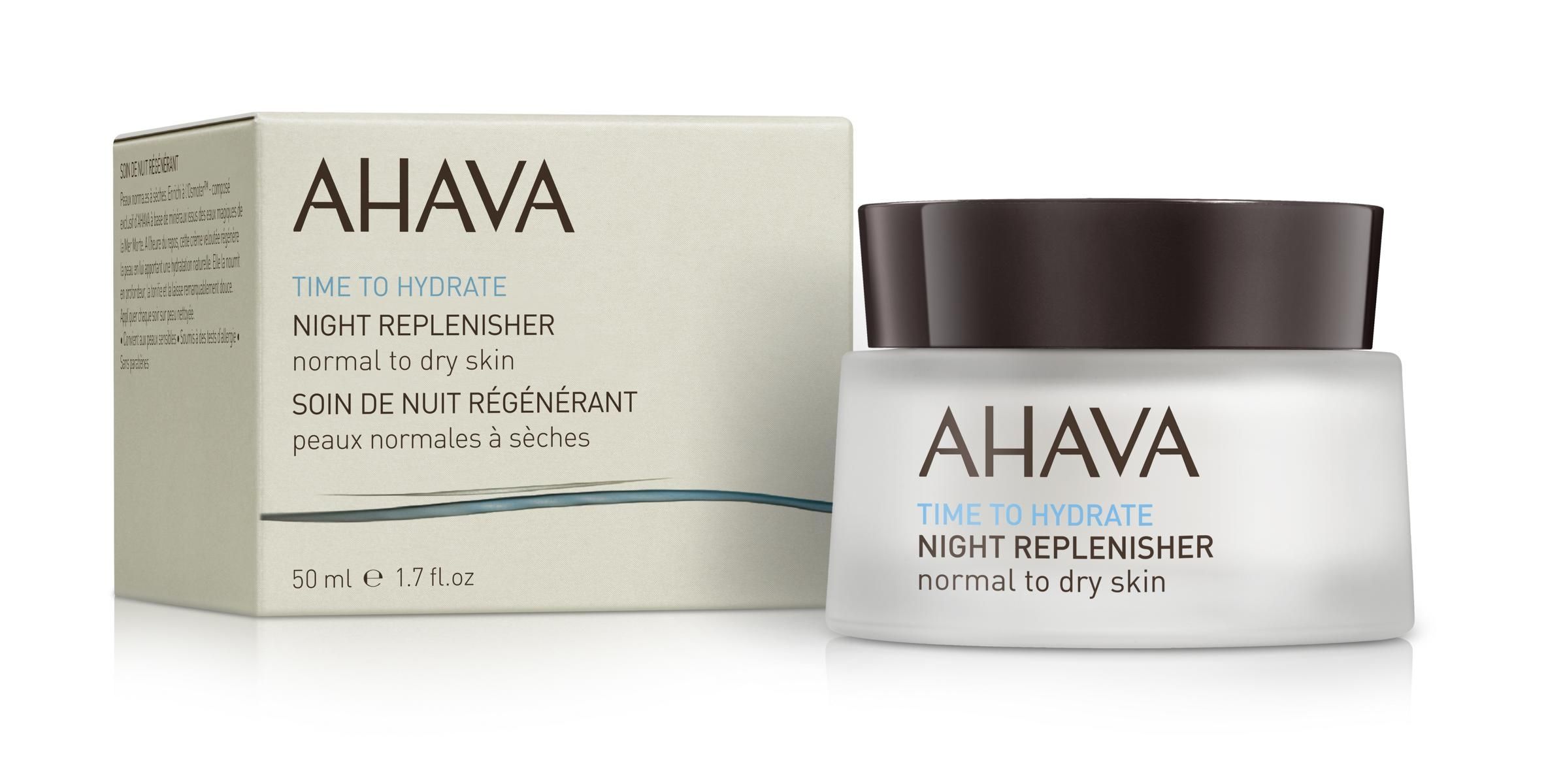 AHAVA Time to Hydrate Nachtcreme für normale bis trockene Haut, 50 ml, neben der Verpackung.