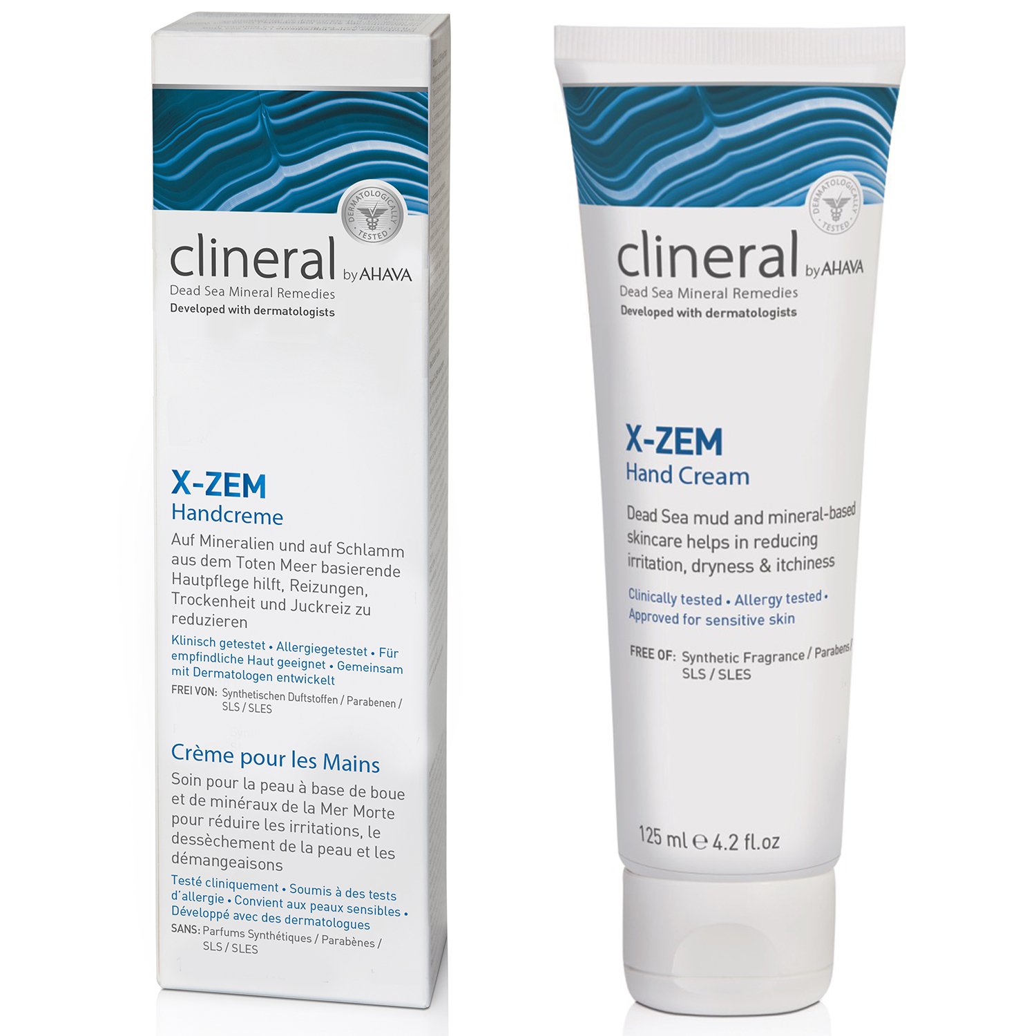 Clineral X-ZEM Handcreme, 125 ml Tube und Verpackung, entwickelt von Dermatologen, basierend auf Mineralien und Schlamm aus dem Toten Meer.