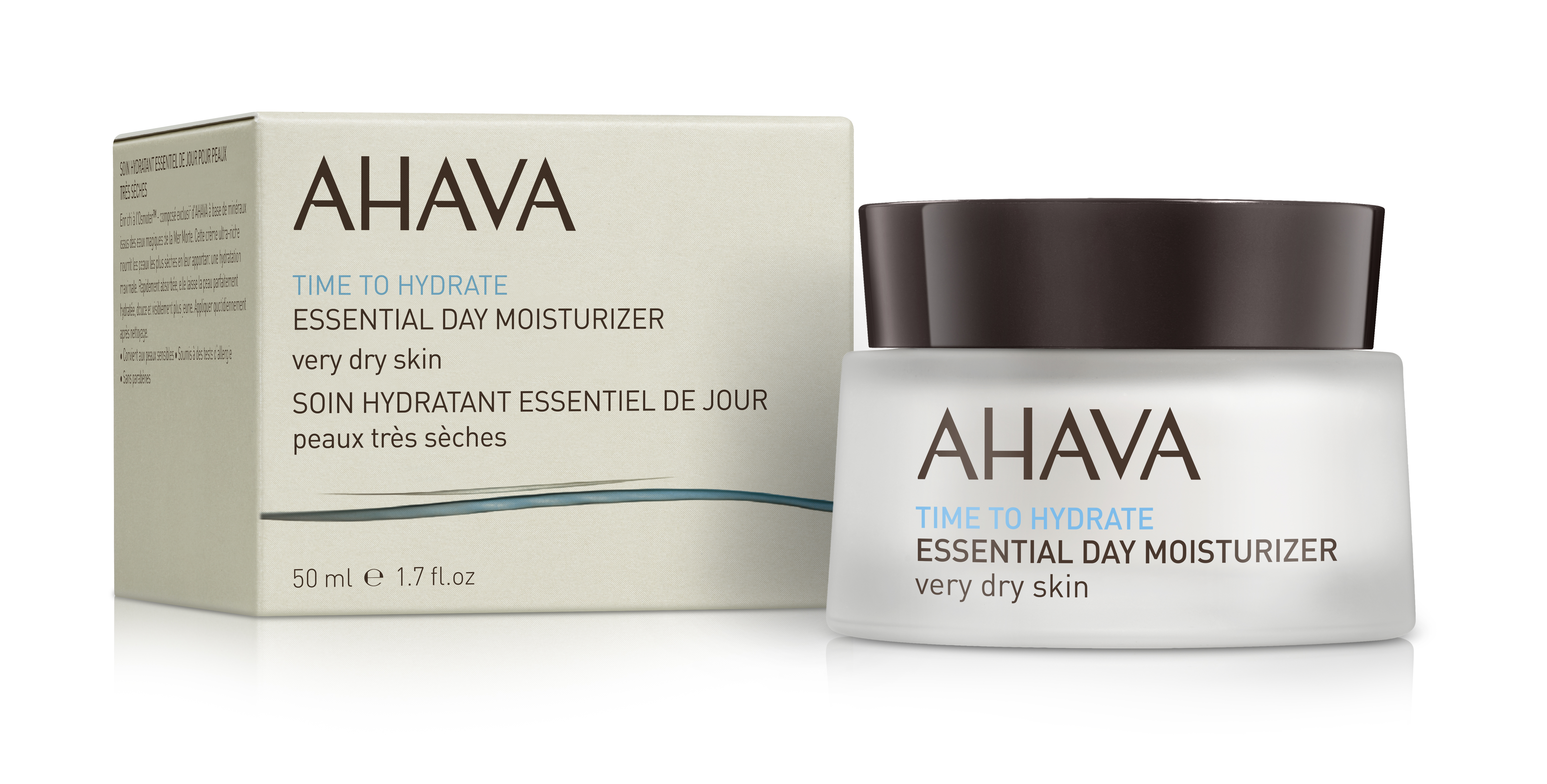 AHAVA Essential Day Moisturizer für sehr trockene Haut, 50 ml, neben der Produktverpackung.
