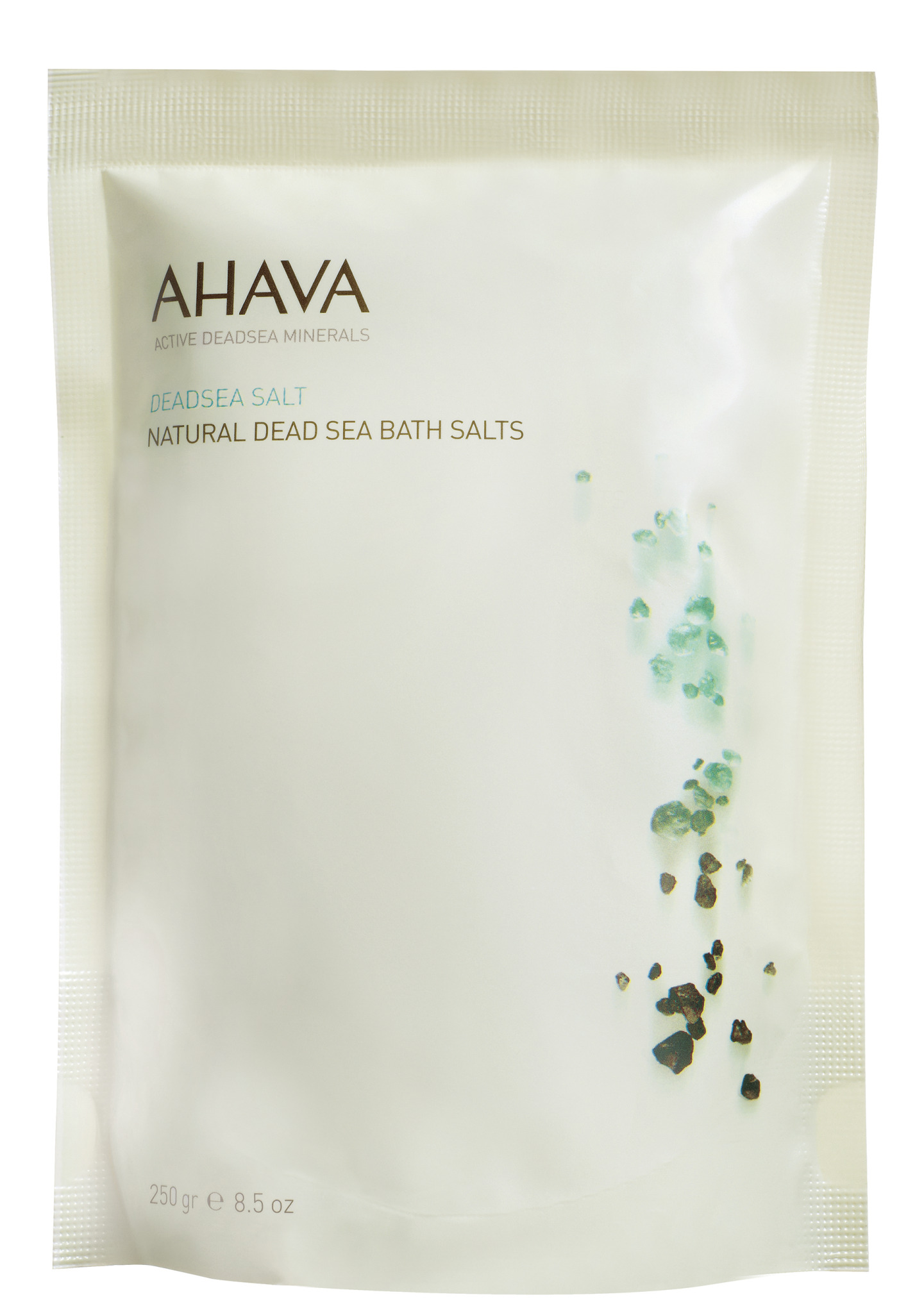 AHAVA Dead Sea Badesalz 250g Packung, weiße Verpackung mit grünen und braunen Kristallen, Text in Englisch.