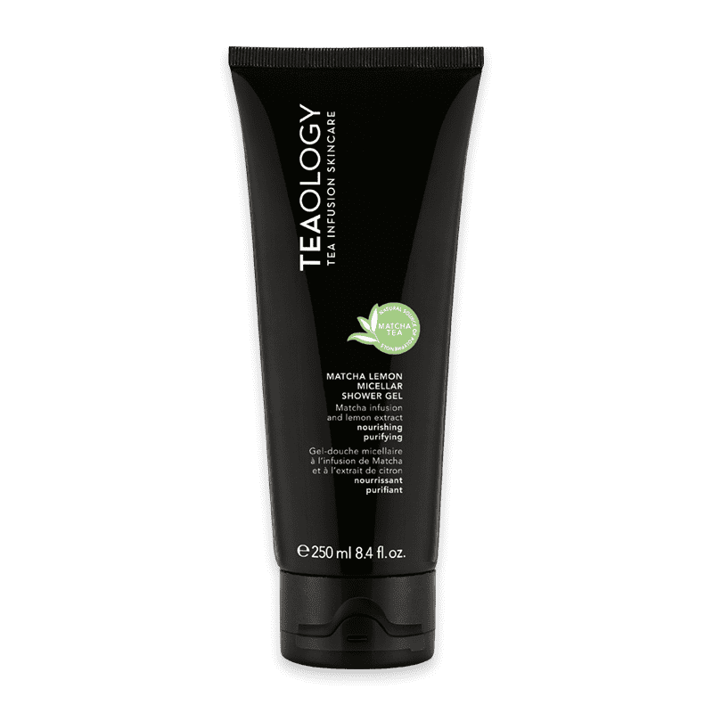 Schwarze Tube mit TEAOLOGY Matcha Lemon Micellar Shower Gel, 250 ml, auf weißem Hintergrund.