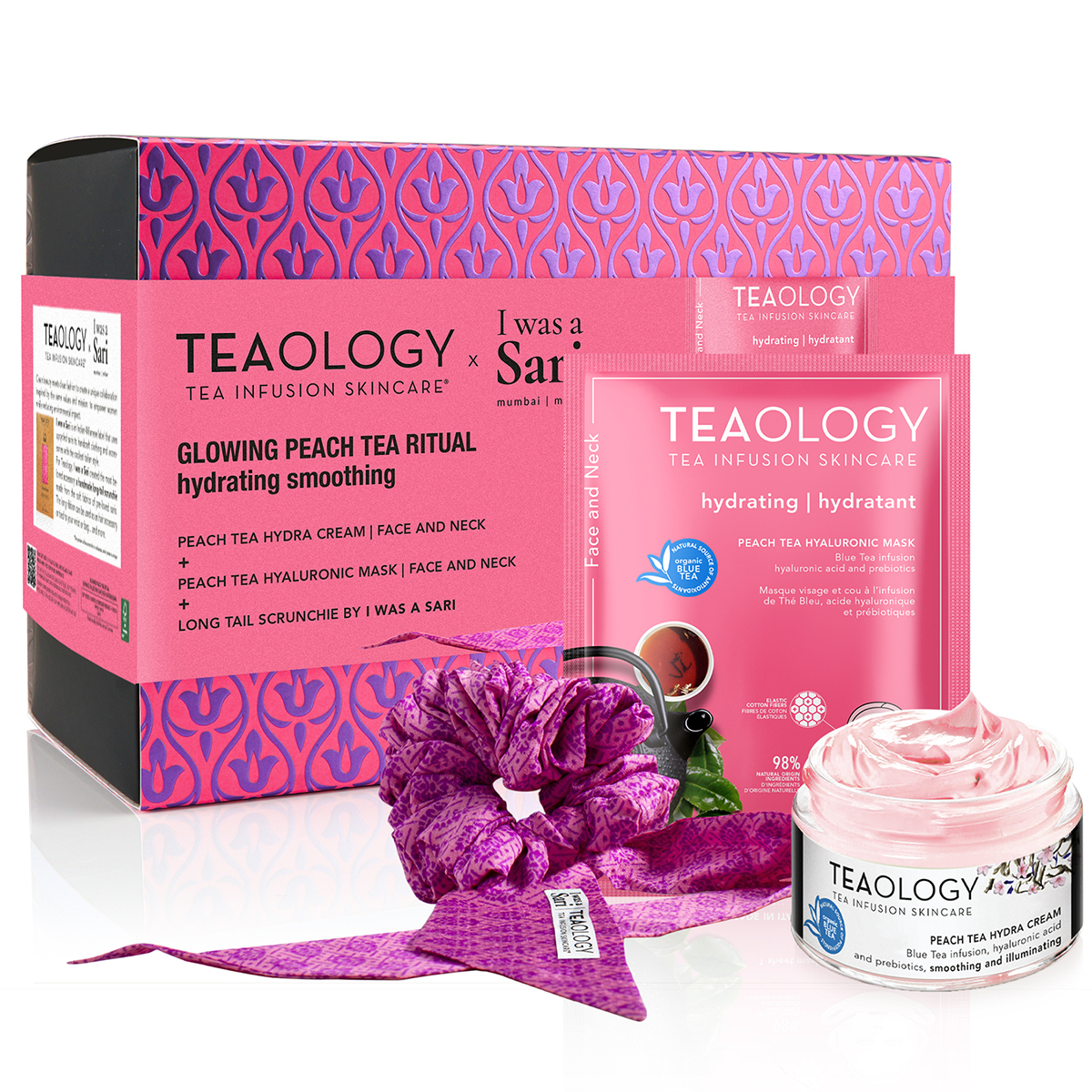 TEAOLOGY Glowing Peach Tea Ritual Set: Hydra Cream, Hyaluronic Mask, Scrunchie. Rosa Verpackung mit Teemuster.