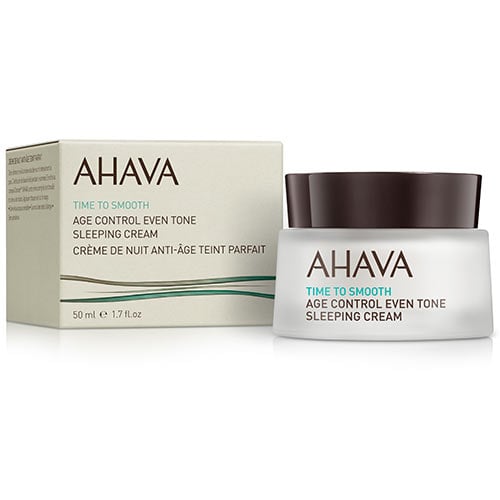 AHAVA Time to Smooth Age Control Even Tone Sleeping Cream, 50 ml, in Verpackung und Tiegel.