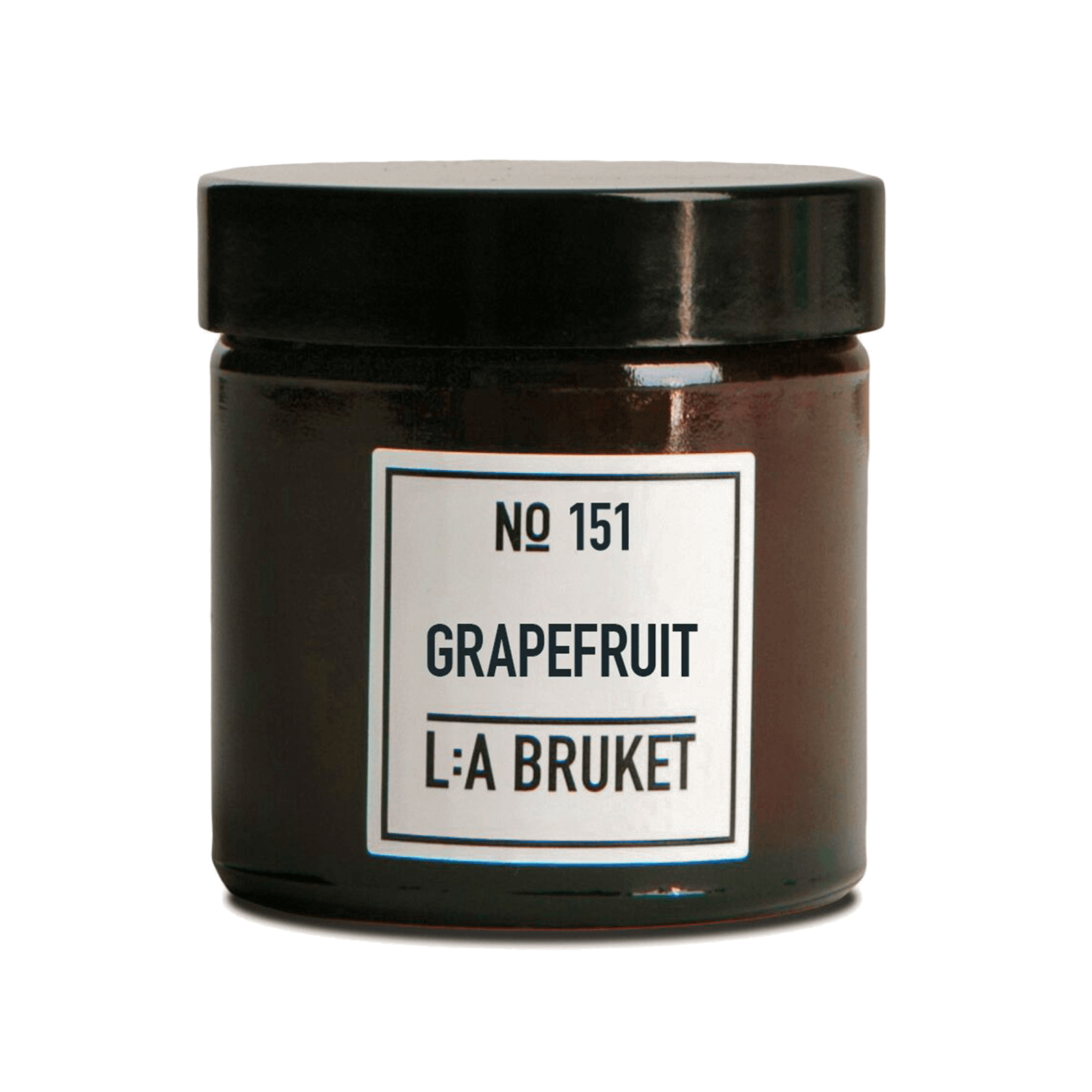 Braunes Glas mit schwarzem Deckel, beschriftet mit 'No 151 Grapefruit L:A Bruket'.