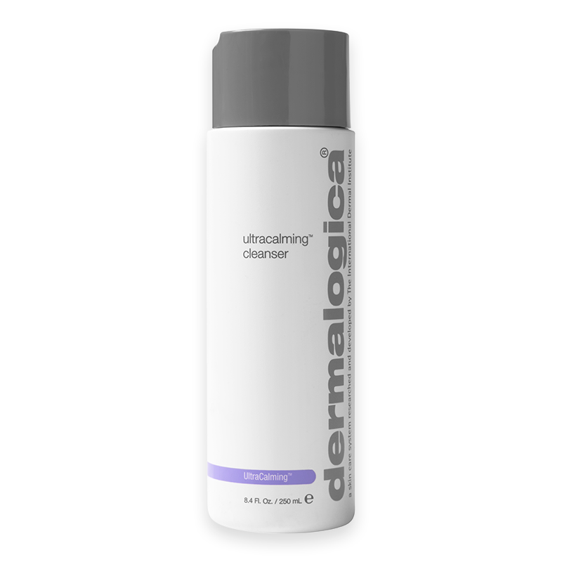 Dermalogica UltraCalming Cleanser 250ml Flasche, weiß mit grauem Deckel und lila Akzent.