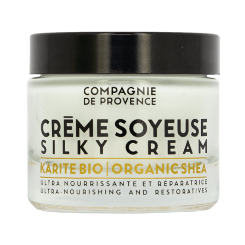 Glasbehälter mit Crème Soyeuse Silky Cream von Compagnie de Provence, Karité Bio, ultra-nährend und reparierend.