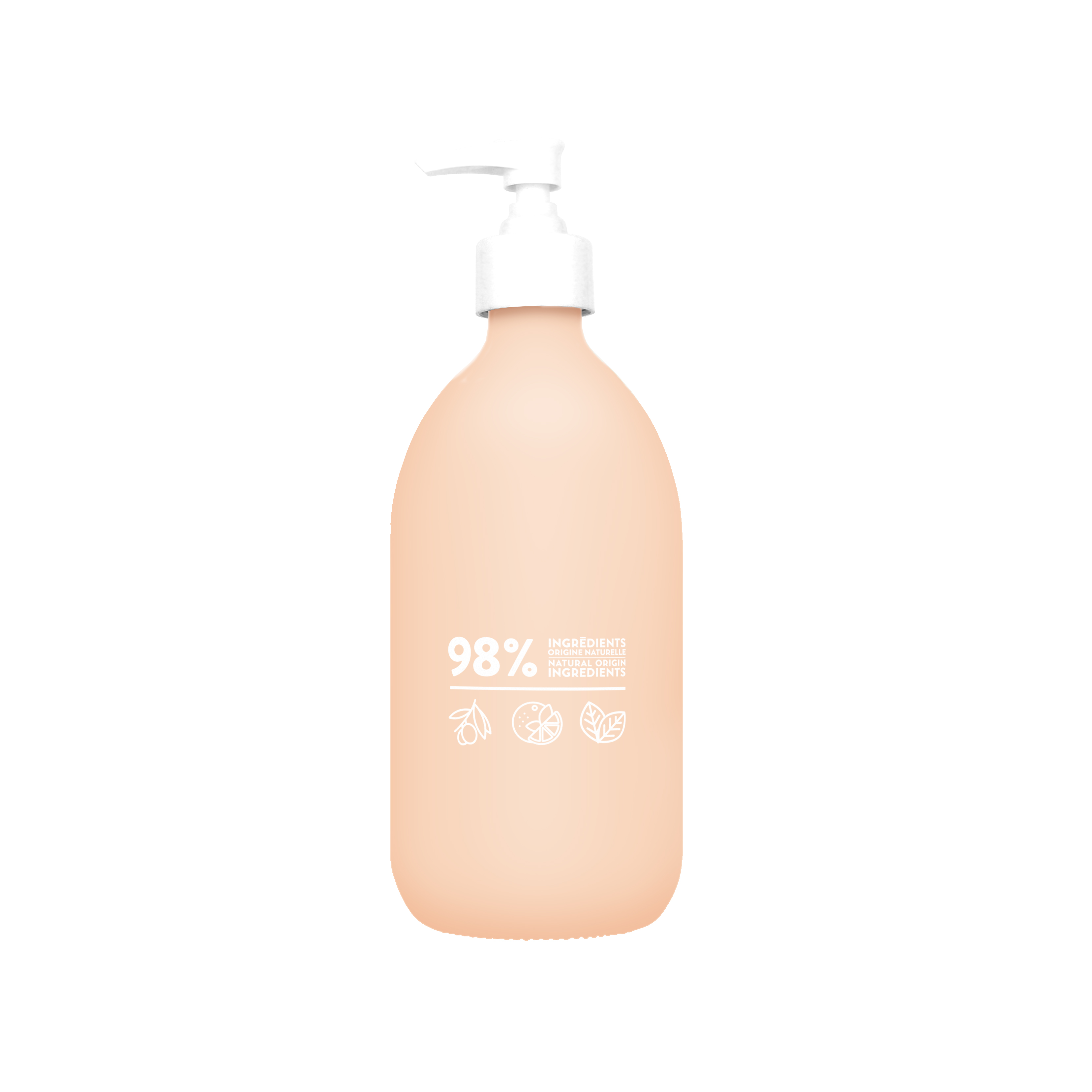 Beigefarbene Flasche mit weißem Pumpspender, 98% natürliche Inhaltsstoffe, Symbole für Zitrone, Orange und Blätter.