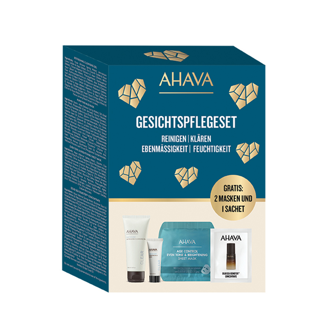 AHAVA Gesichtspflegeset Verpackung mit Reinigungs-, Klärungs-, Ebenmäßigkeit- und Feuchtigkeitsprodukten. Gratis: 2 Masken und 1 Sachet.