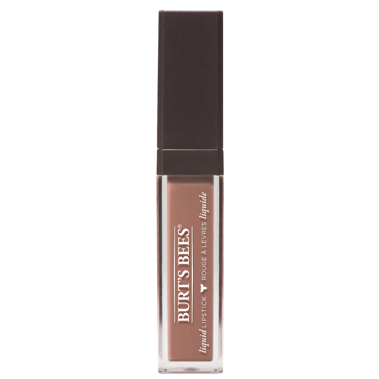 Burt's Bees flüssiger Lippenstift in brauner Farbe in einer rechteckigen Flasche mit schwarzem Deckel.