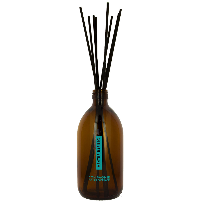 Brauner Duftdiffusor mit schwarzen Stäbchen, 200 ml, Duft: Minze und Basilikum, Marke: Compagnie de Provence.