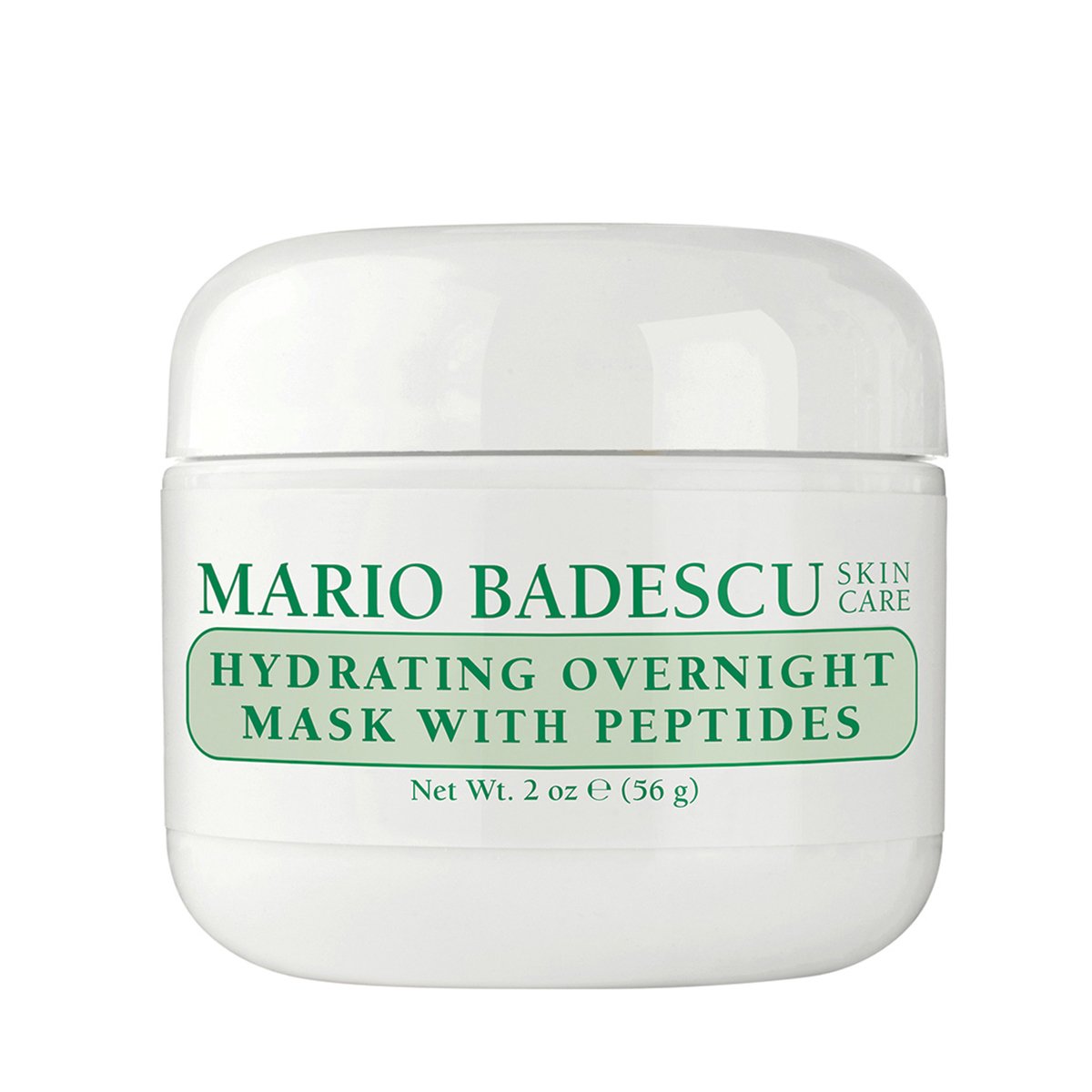 Ein weißer Tiegel mit der Aufschrift "Mario Badescu Hydrating Overnight Mask with Peptides".