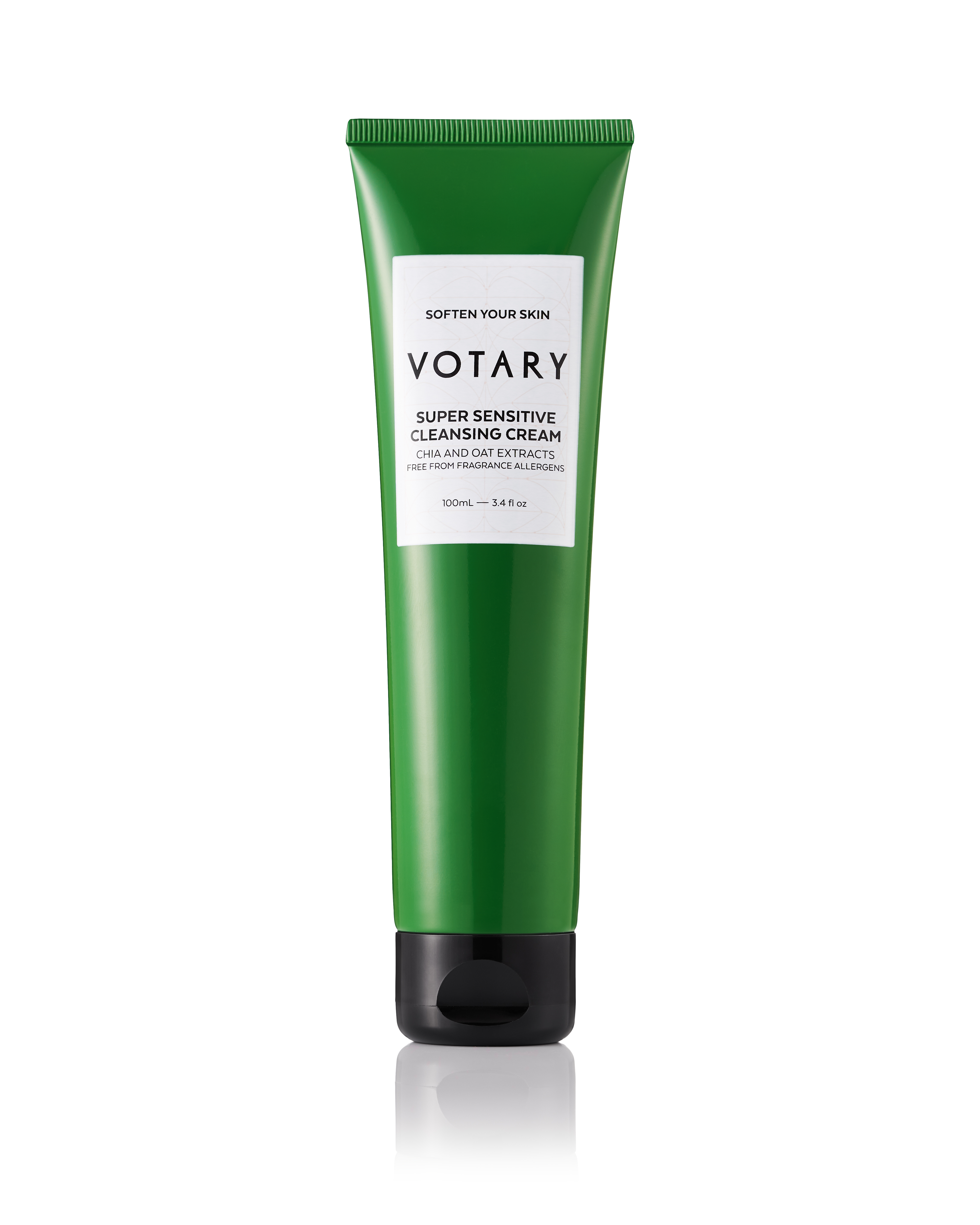 Grüne Tube der Votary Super Sensitive Cleansing Cream, 100 ml, auf weißem Hintergrund.